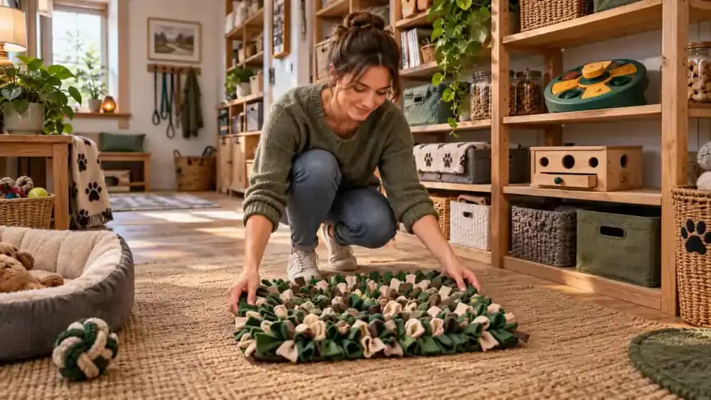 Owner selecting an easy feeder from a shelf containing several puzzle types