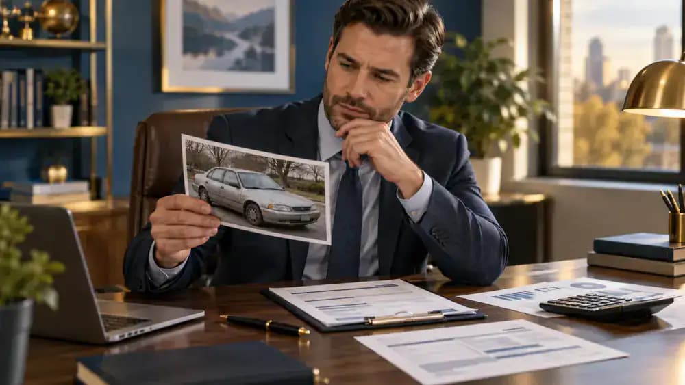 Buyer carefully reviewing automotive loan paperwork before signing.