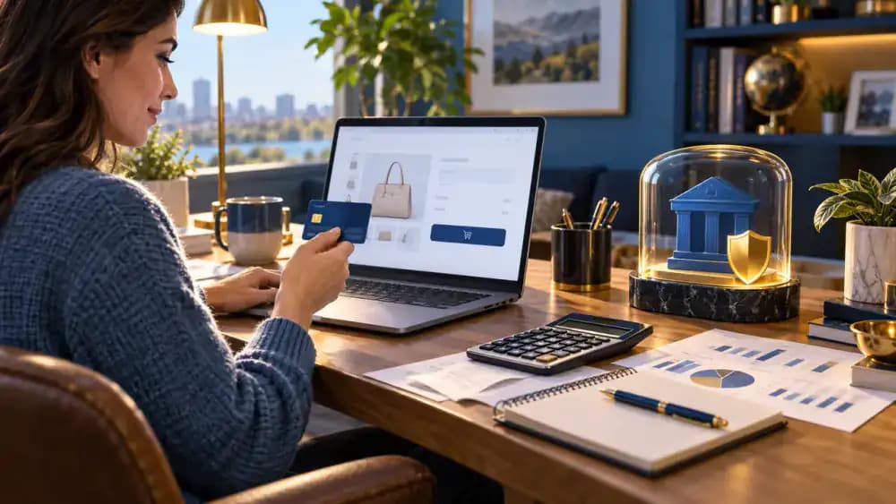 Online shopper using a credit card while checking account funds remain separate