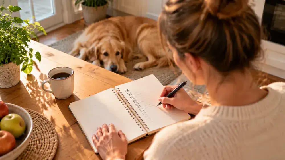 An owner discusses doorway training with a qualified reward-based dog trainer while the dog remains calmly behind a secure indoor gate at a comfortable distance.