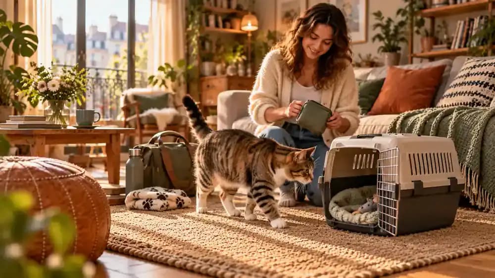 Cat voluntarily approaching a familiar carrier while owner prepares calmly for a trip