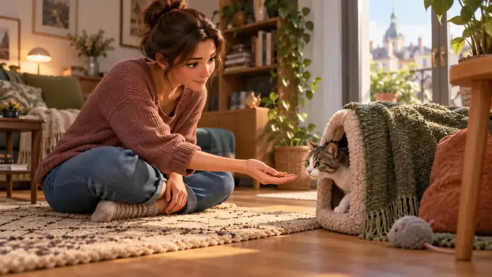 Family calmly following starter room rules around a newly adopted cat