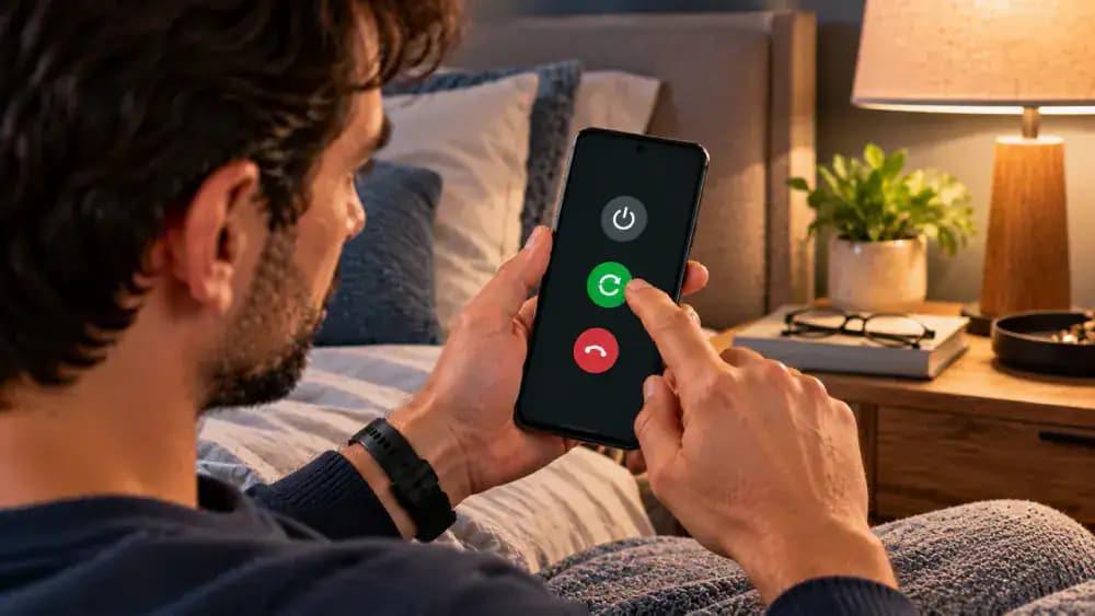 Adult holding an Android smartphone in a bedroom, selecting Restart from the power menu, waiting for the Android startup sequence, then checking a messaging app and notification shade after unlocking.