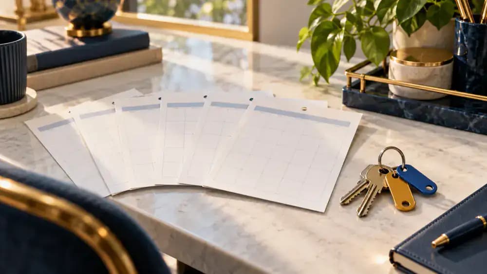 Five blank calendar pages beside house keys, with two pages identified by colored tabs.