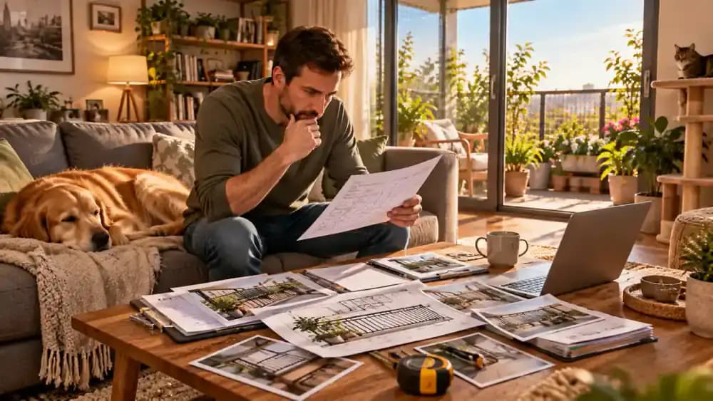 Cozy apartment where an owner reviews a completed balcony safety plan on a tablet beside a resting cat, followed by a dog relaxing near its owner in a bright living room with the balcony door securely closed.