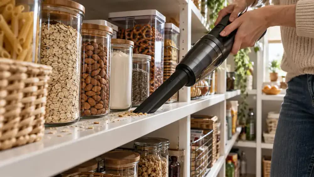 Close-up of a handheld vacuum's narrow crevice attachment collecting dry cracker crumbs and flour dust along the front edge of a laminate pantry shelf, with sealed food containers temporarily moved aside in a bright modern kitchen.
