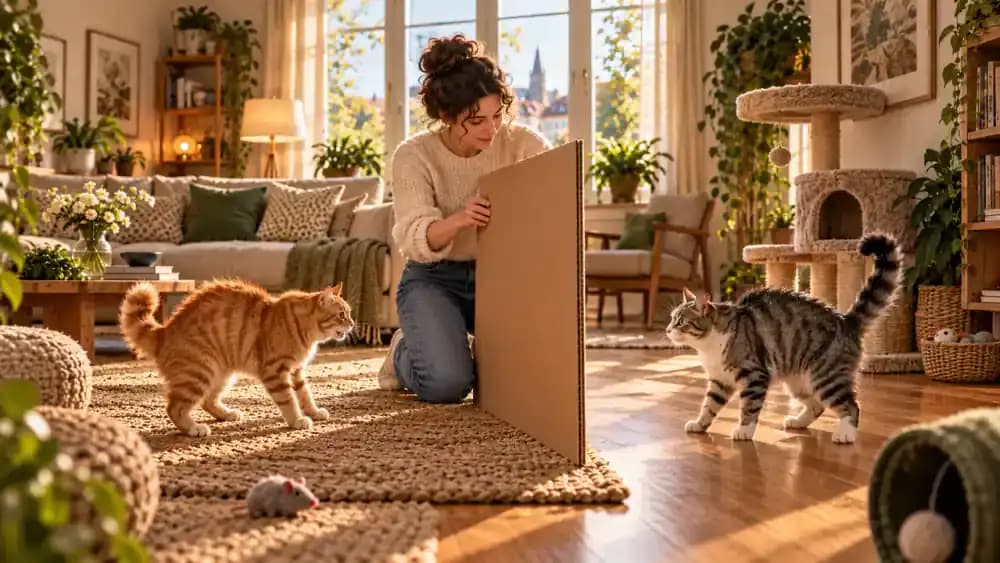Owner safely interrupts an escalating cat confrontation using a rigid cardboard panel without touching either cat