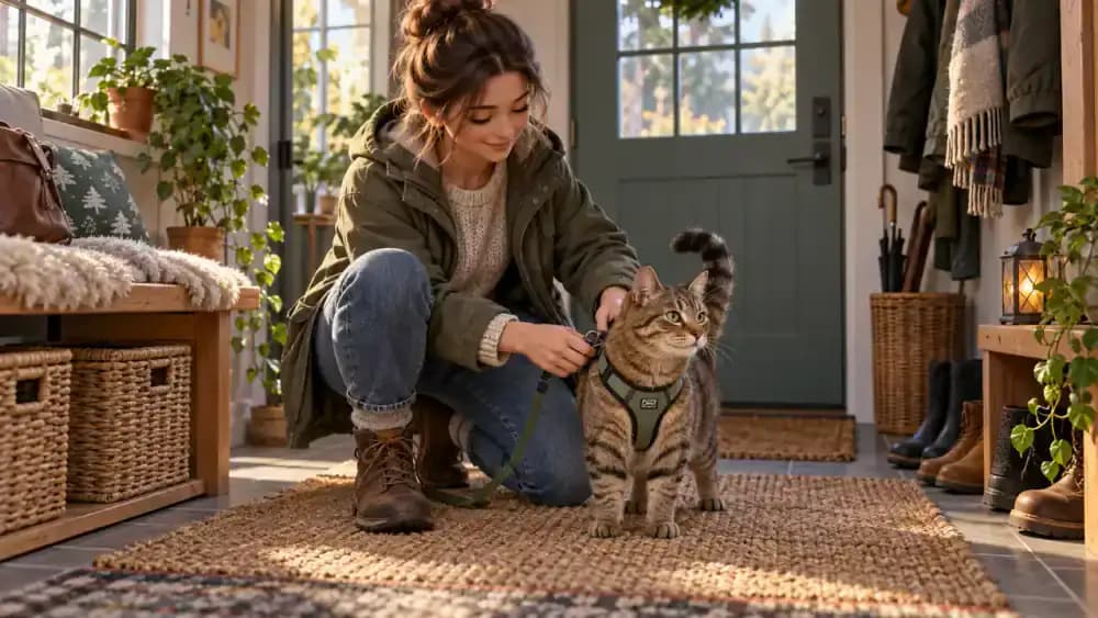 Brown tabby sitting calmly on a padded mudroom bench while its owner fastens a fitted walking harness, clips on a leash, and offers a treat, with the exterior door closed behind them.