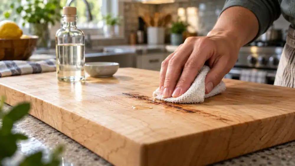 Close-up side view of a maple cutting board held upright while a hand gently treats a dark knife-mark stain with a soft cotton pad and wipes the area clean.