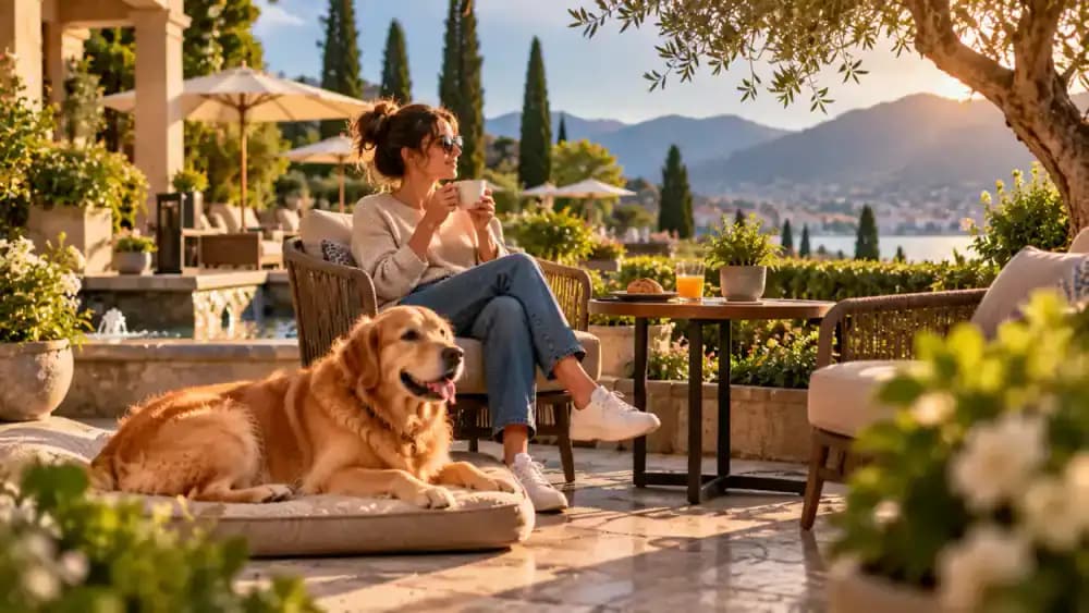 Golden retriever relaxing beside its owner on a hotel terrace, tabby cat watching a garden through a securely closed window, and a scenic road trip view featuring a pet-friendly hotel, followed by a Save This Guide message.