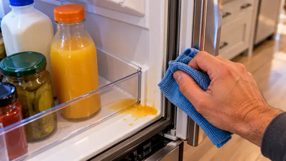 Close-up of a hand using a soft microfiber cloth to wipe fresh orange juice from a refrigerator door shelf and adjacent gray rubber gasket, followed by drying with a clean towel.