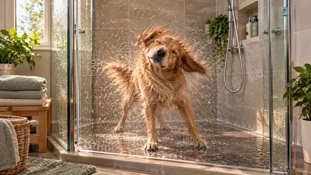 Wet dog shaking vigorously inside an enclosed shower, sending visible water droplets into the air while its owner shields a nearby stack of towels.