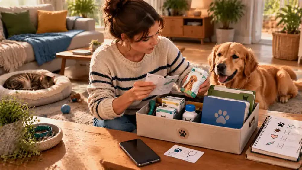Pet owner checking a compact pet care station containing a phone, organized folder, product instructions, and veterinary contact card before playing with a dog at home.