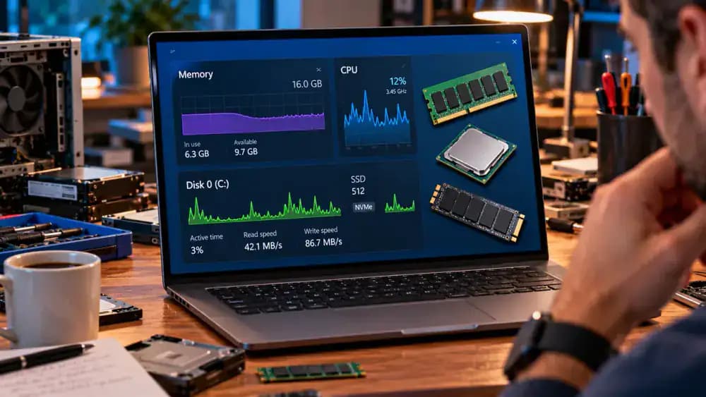 Windows 11 laptop displaying Task Manager Performance details for installed memory, disk type and activity, and CPU usage, with educational illustrations of RAM, an SSD, and a processor.