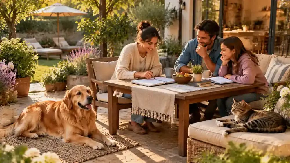 A family reviews a weekly pet feeding log at an outdoor patio table while their Golden Retriever rests beneath the table and their tabby cat relaxes on a screened patio perch.