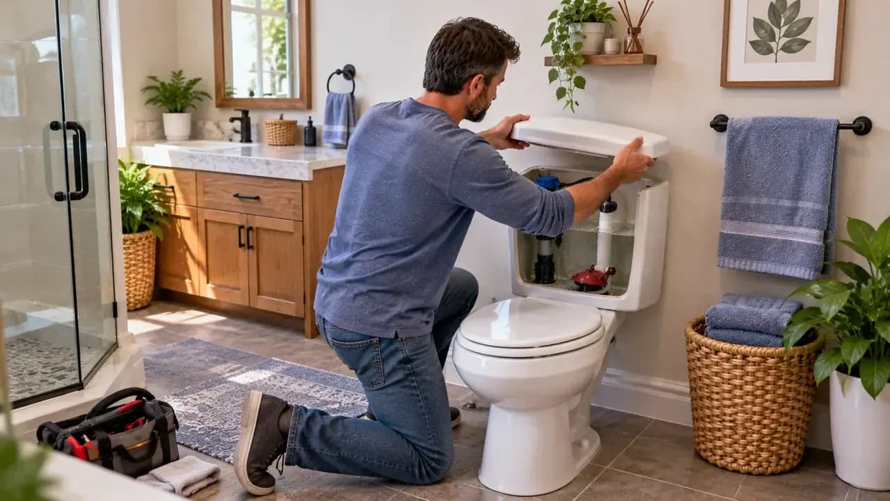 Rear-side view of an open toilet tank after testing, with the water below the overflow tube, slight chain slack, a dry supply connection, and a person carefully lowering the tank lid into place.