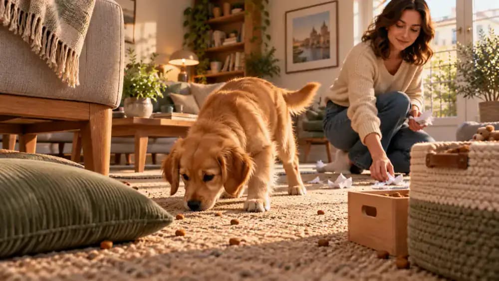 Supervised puppy sniffing visible kibble around large safe objects