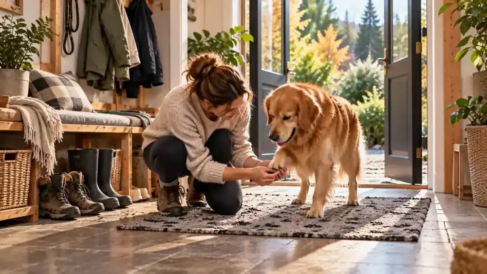 Happy golden retriever standing on a washable mat in a bright Scandinavian-style mudroom while its crouching owner checks its paws, with a sunny garden visible through glass doors.