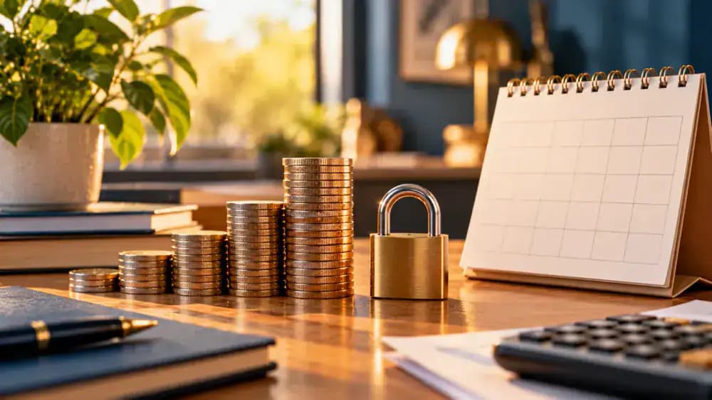 Stack of coins beside a small lock and blank calendar representing certificate of deposit maturity restrictions.