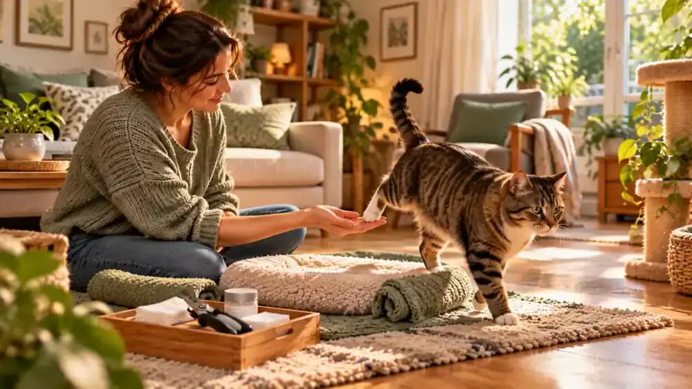 Relaxed tabby cat accepting a gentle paw touch and a small treat beside its owner in a sunlit Scandinavian-style living room, with closed nail clippers being stored in a wooden box.
