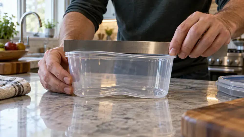 Close-up of hands inspecting a removable silicone gasket above a transparent food container lid on a pale sage-green kitchen mat, with orange tomato stains visible in the container's bottom corners.