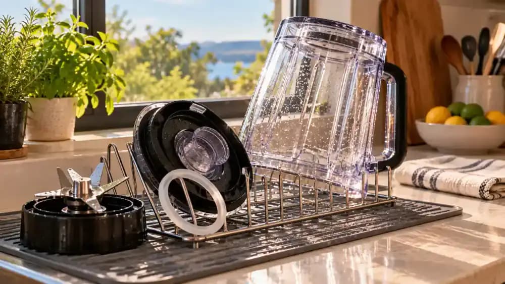 Transparent blender jar positioned at an angle on a bamboo drying rack beside a sunlit kitchen window, with the lid, center cap, rubber gasket, and detached blade assembly arranged separately for air-drying in a protective holder.