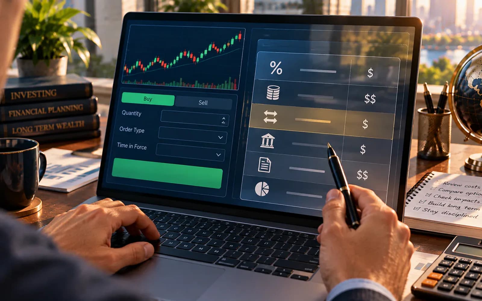 Brokerage fee schedule displayed beside an ETF trade ticket