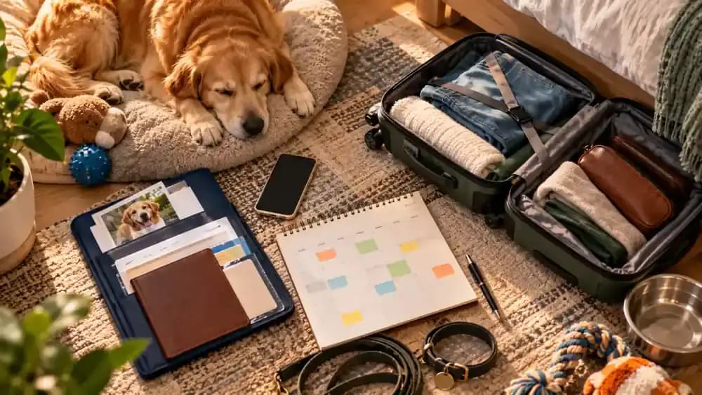 Overhead view of a weekly planning calendar with pet boarding reminders, owner organizing digital health records on a smartphone, confirmed transportation details, completed checklist, and relaxed dog beside a packed suitcase.