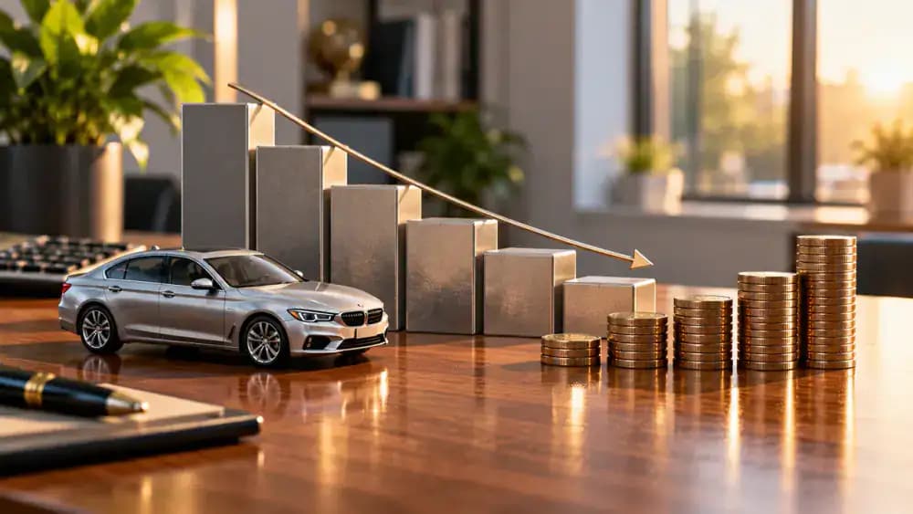 A miniature vehicle beside declining value blocks and increasing stacks of coins illustrating depreciation and loan costs.