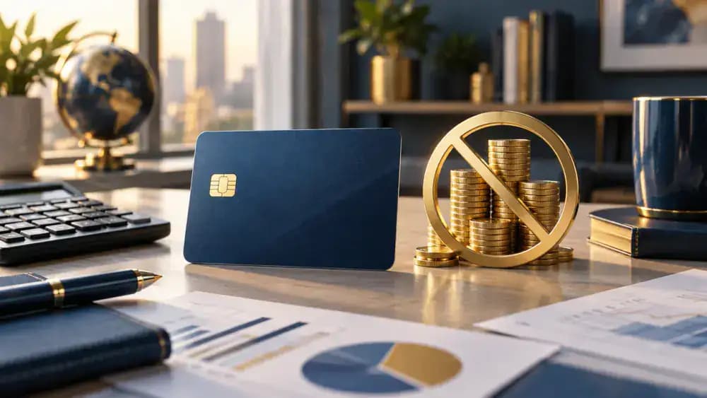 Credit card alongside a crossed-out stack of coins symbolizing interest payments.