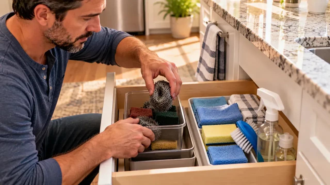 Adult homeowner placing steel wool, a rough scouring pad, and abrasive cleaner into a utility bin beside a stainless steel sink while leaving a microfiber cloth and soft sponge in a sink-side caddy.