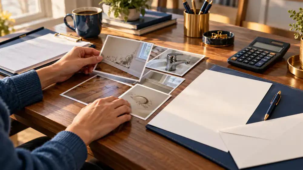 Hands organizing before-and-after rental photographs beside a security deposit dispute letter and envelope.