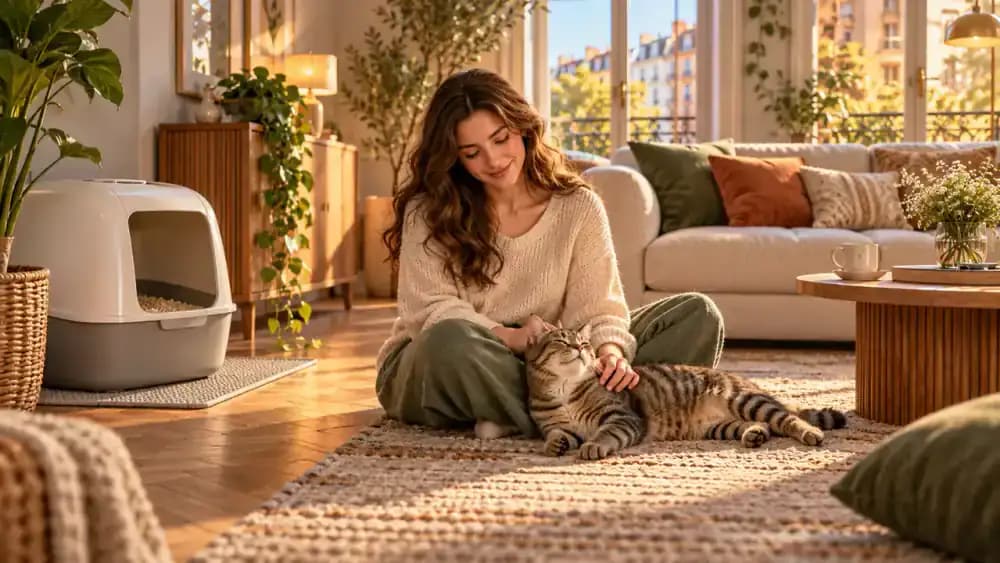Cat owner selecting a task from a handwritten improvement list in a warm, sunlit home with a neatly maintained litter station, while a relaxed cat walks through the room and settles comfortably beside its owner.