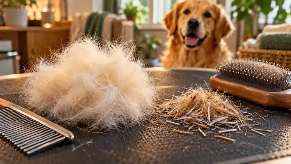 Golden Retriever resting on a soft cushion beside its owner on a sunny wooden terrace, with a fluffy long-haired cat relaxing on a wicker chair nearby.