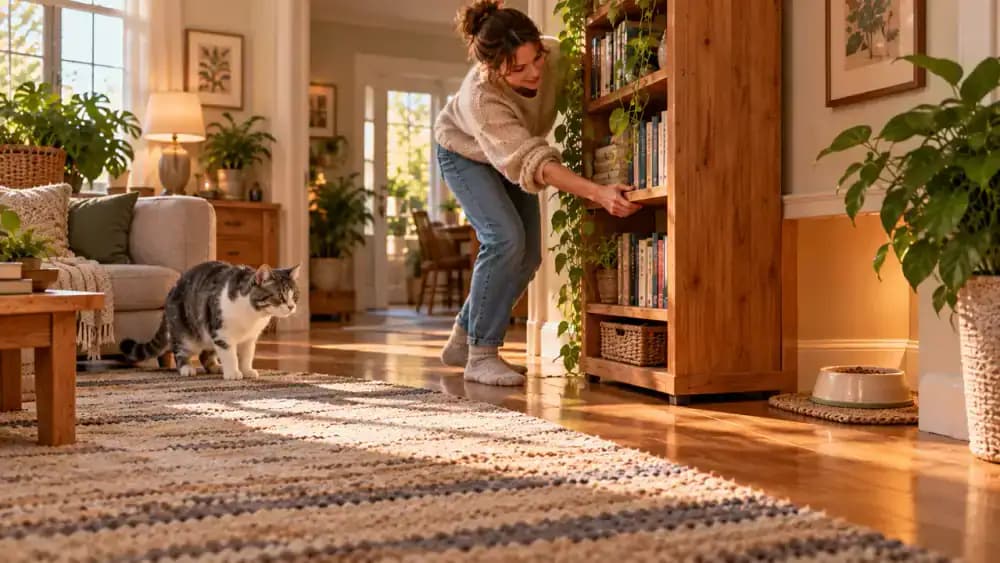 Owner rearranging furniture in a sunlit living room after a new bookshelf partially blocks a gray-and-white cat's usual route to its feeding station.