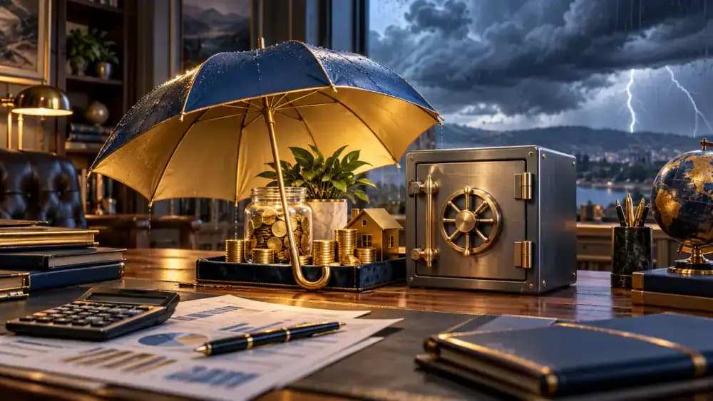 Emergency savings umbrella standing beside a locked credit vault while storm clouds gather over a residential neighborhood.