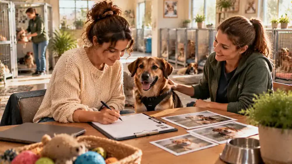 Prospective adopter completes a final checklist covering care requirements, estimated expenses, backup arrangements, and household responsibilities before meeting the chosen rescue animal with a shelter worker.