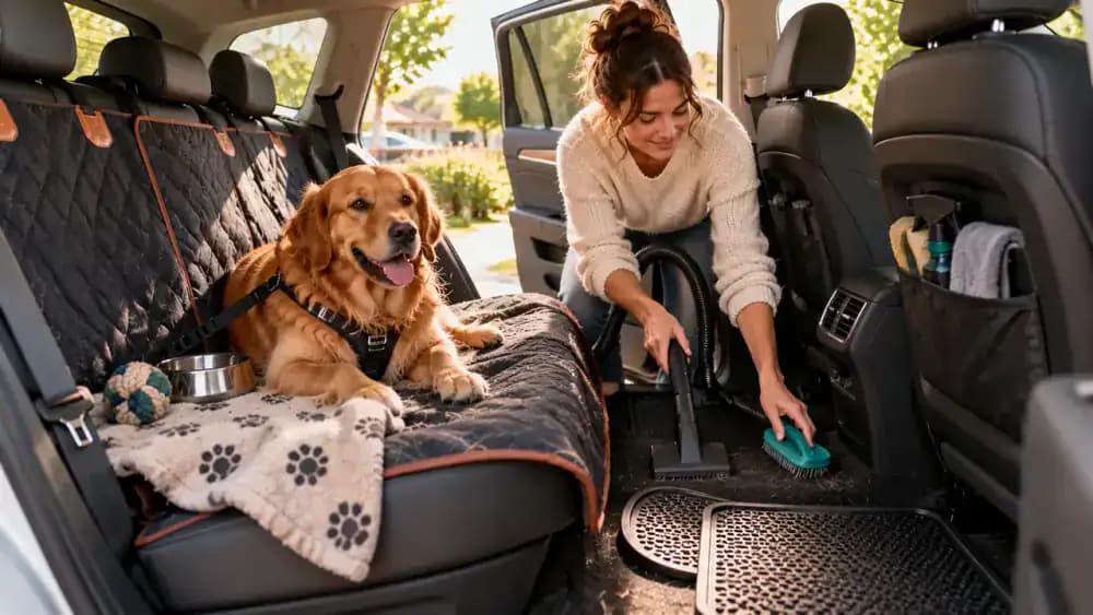 Dog secured in a car with washable seat cover while pet hair is vacuumed