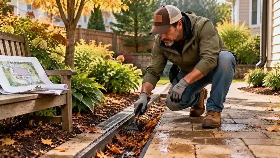 Homeowner kneeling on a dry patio edge in a suburban backyard, using a small hand rake to clear leaves from a shallow surface drainage channel, with a notebook of earlier yard sketches on a nearby outdoor bench.