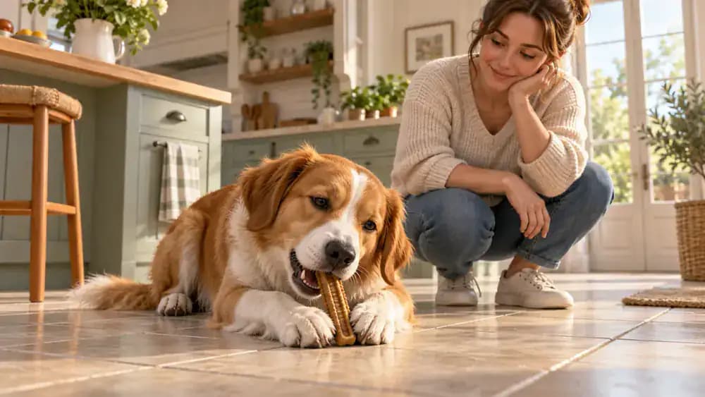 Medium-sized dog chewing an appropriately sized dental chew on a kitchen floor while its owner supervises