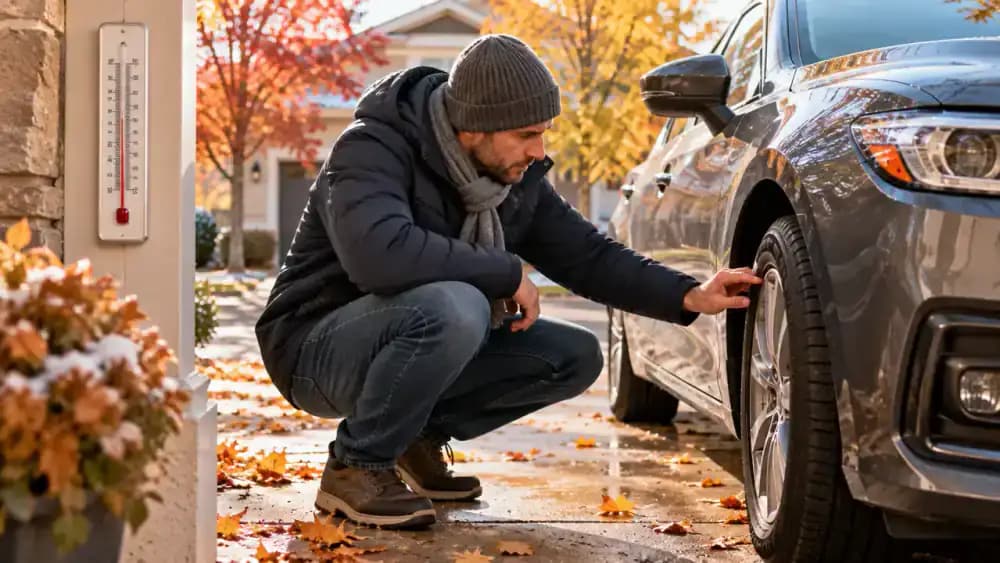 Parked sedan beside an outdoor thermometer and an educational graphic showing how colder temperatures can lower tire pressure, with a driver checking a tire using a digital gauge.