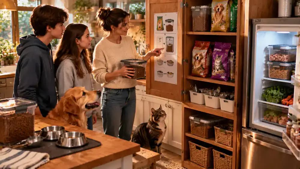 Parent teaching two teenagers about pet food storage in a bright family kitchen, with a laminated instruction chart, refrigerated wet food, clean measuring tools, a Golden Retriever, and a tabby cat.
