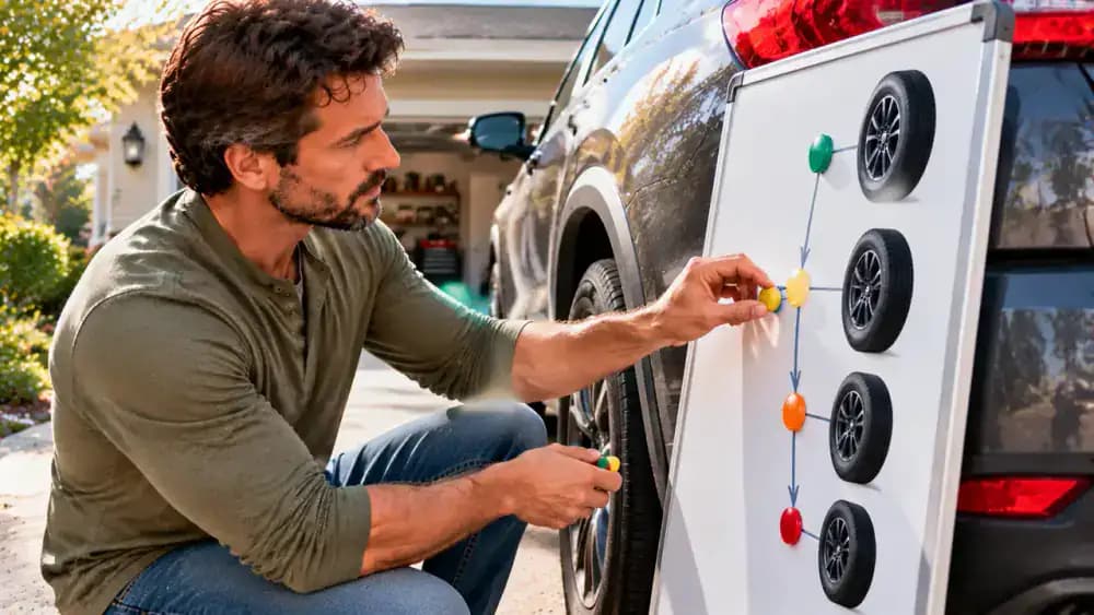 Driver holding a digital tire pressure gauge beside a parked SUV's rear wheel while adding a third magnetic marker to a descending pattern on a maintenance board to track recurring pressure loss.