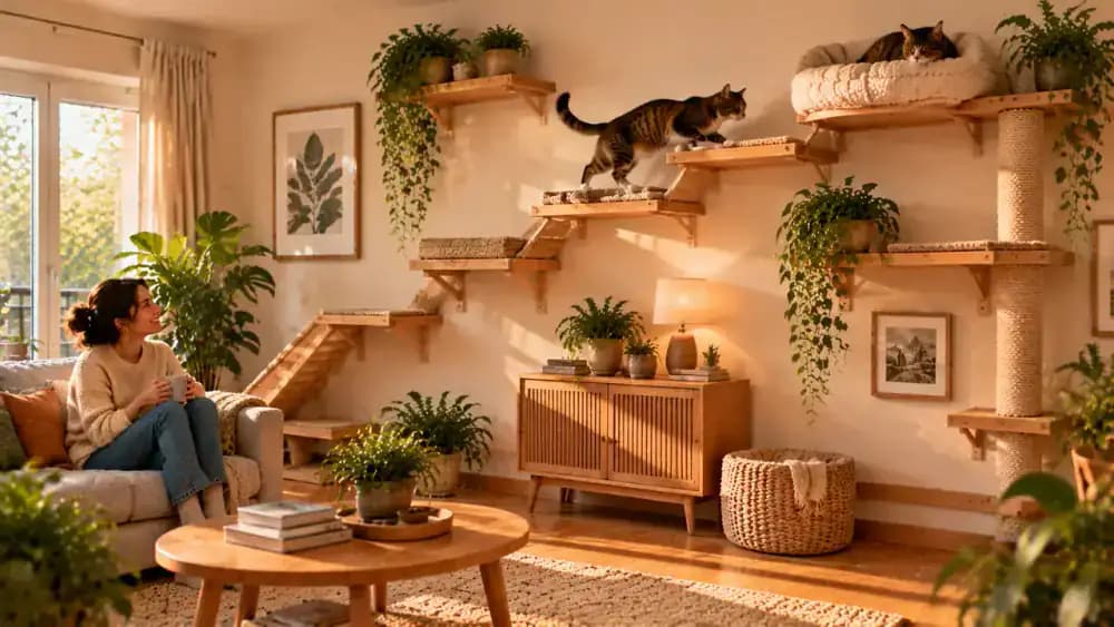 Cat exploring a modest climbing arrangement with low entry steps, broad platforms, and a cozy elevated bed while its owner watches from nearby.