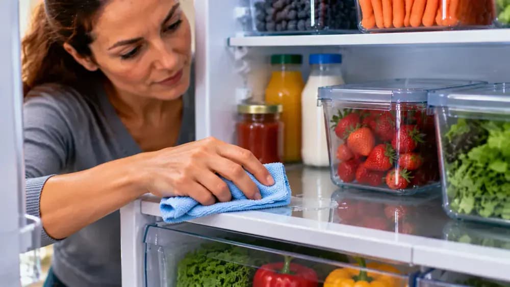 Person wiping a fresh refrigerator shelf drip beside a newly placed food container with a microfiber cloth