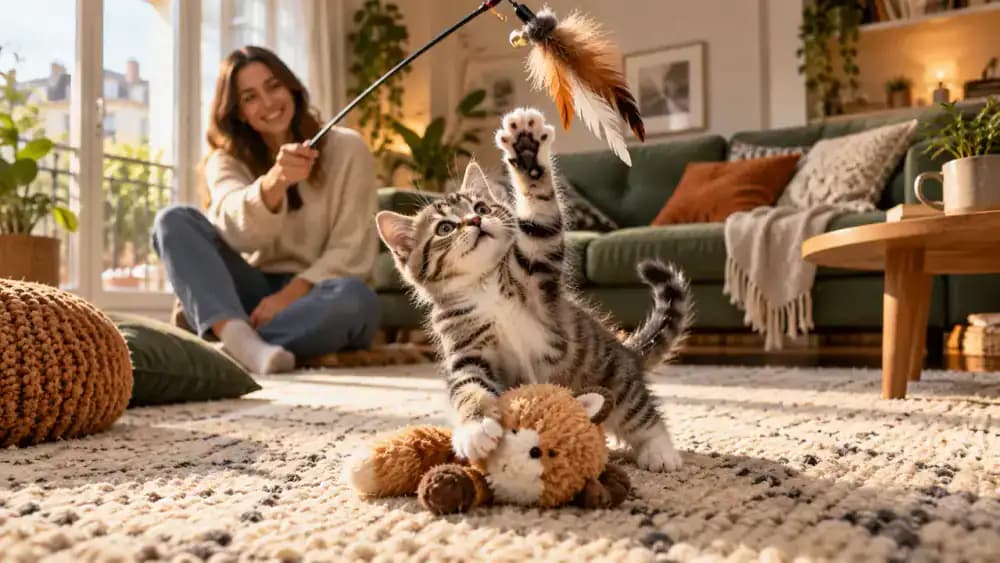 Two cats playing separately with different wand toys