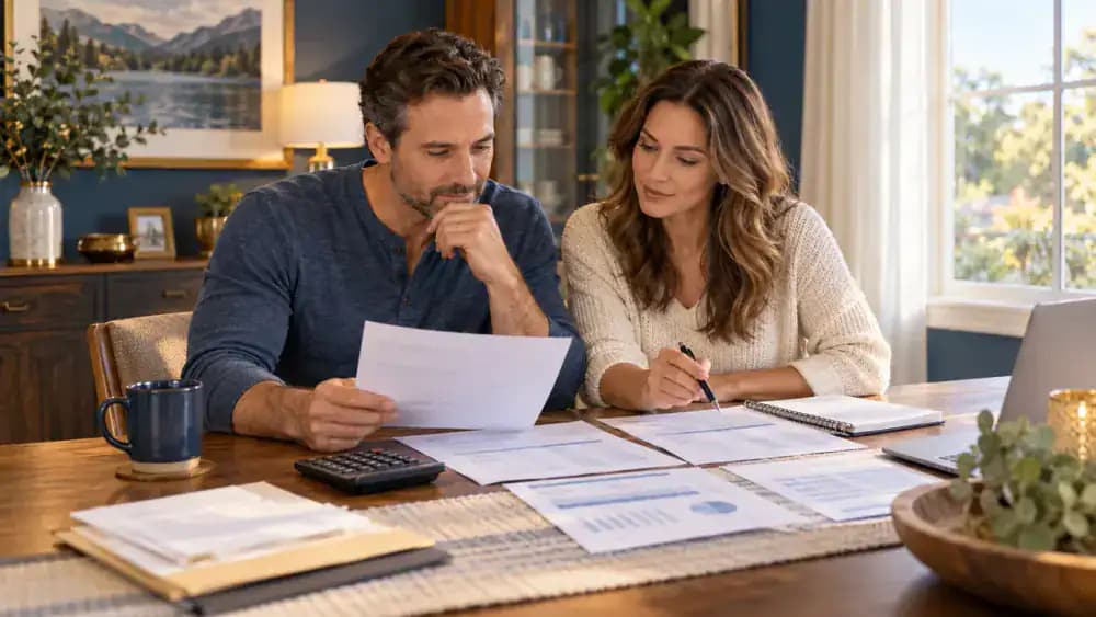 Two family members reviewing a realistic monthly budget together