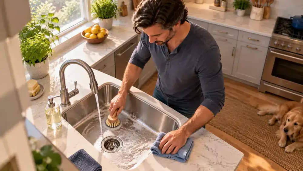 Homeowner performing routine maintenance on a stainless steel kitchen sink using warm soapy water and a yellow microfiber cloth, then rinsing, drying, and checking the faucet base and drain rim for returning hard water spots.