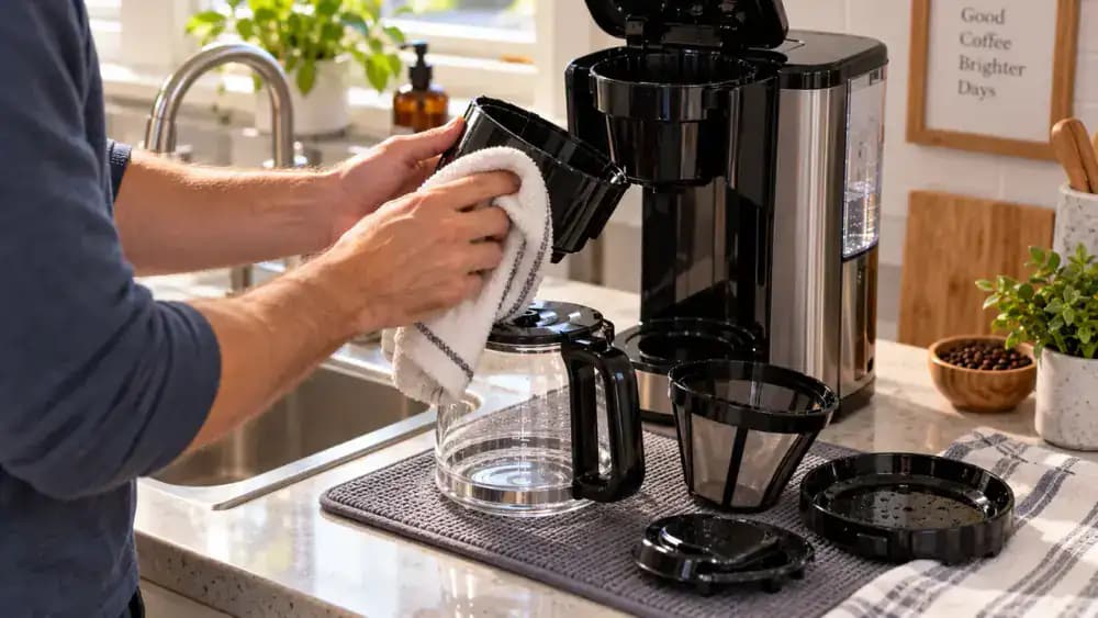 Clean coffee maker parts drying beside the machine while hands wipe remaining droplets with a lint-free towel and reinstall the basket, reusable filter, lid, and carafe.