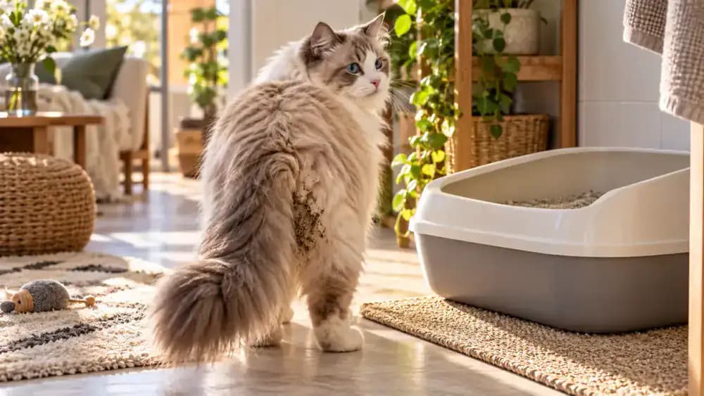 Longhaired cat standing near a litter box while its owner checks the rear fur from a distance